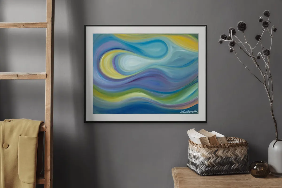 Framed abstract in teal, green and yellow waves on a grey wall