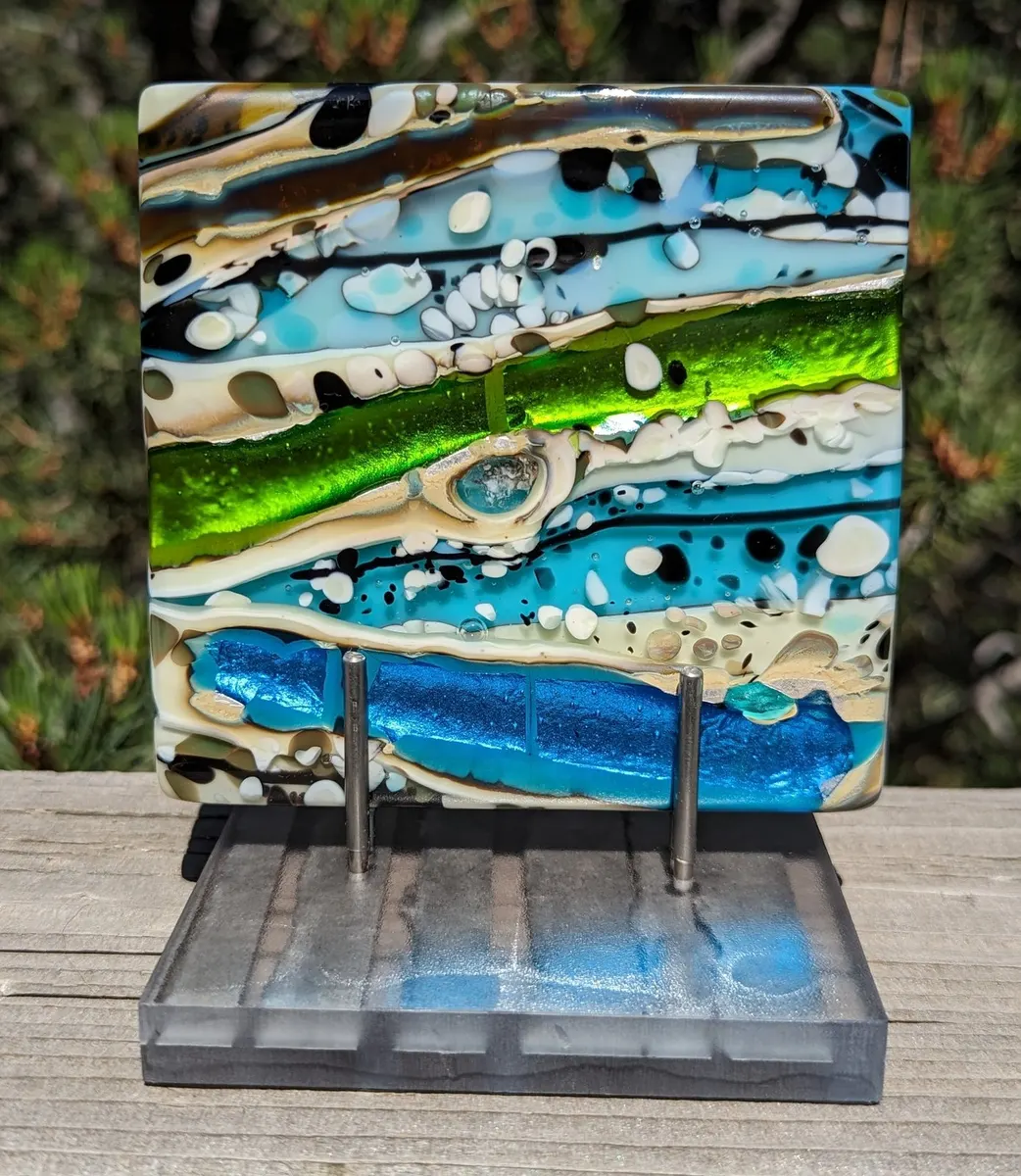 Fused glass panel in turquoise, green and cream horizontal bands