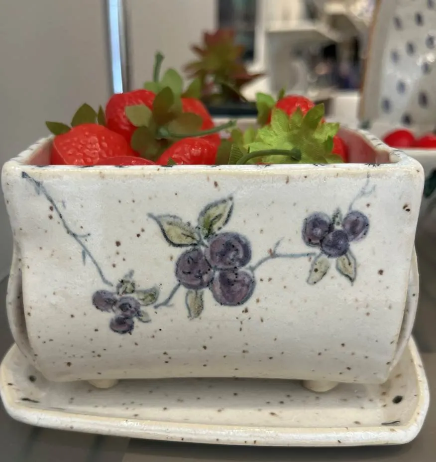 White speckled rectangular planter painted with blueberries, on a matching tray