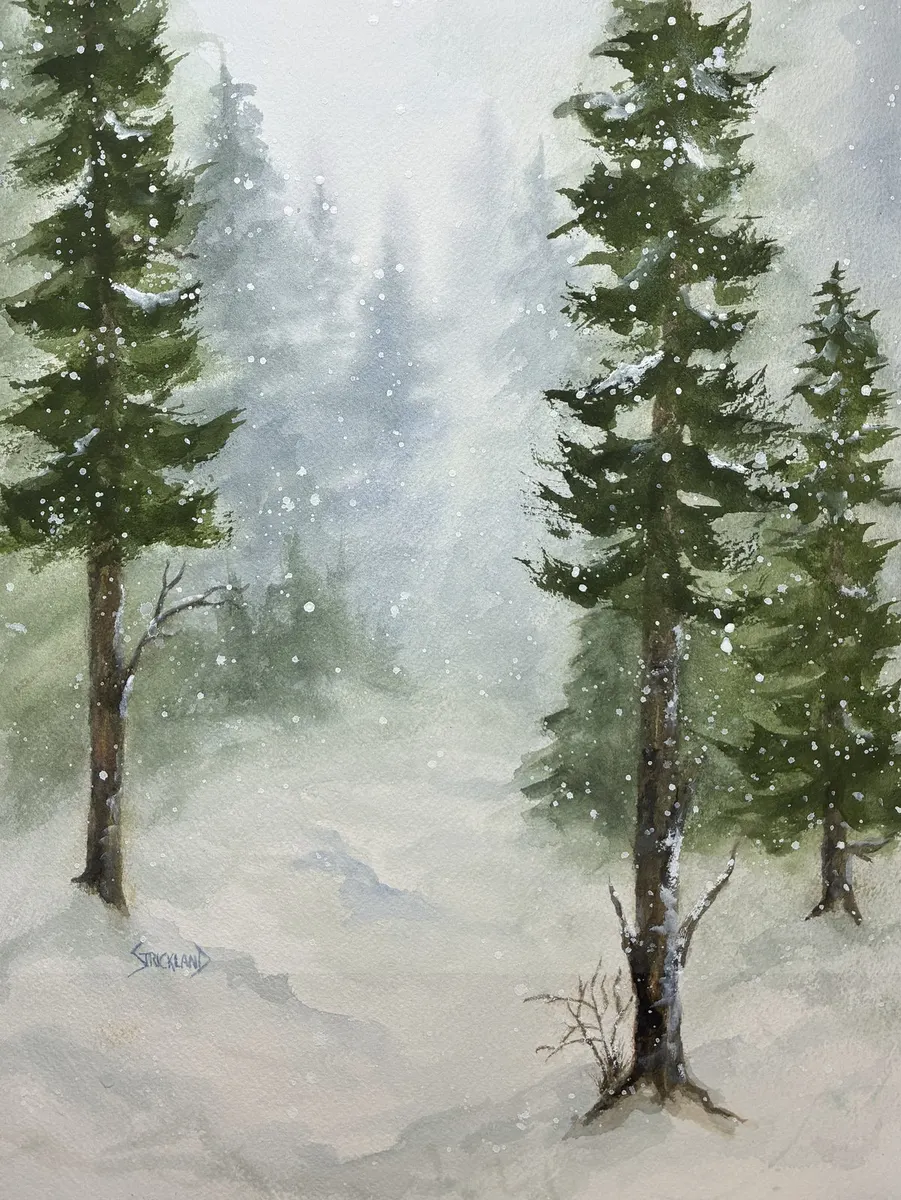Watercolour of evergreens in falling snow