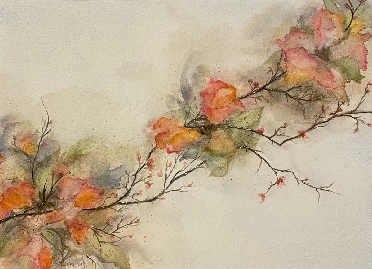 Watercolour of a branch with coral and green leaves on a pale ground