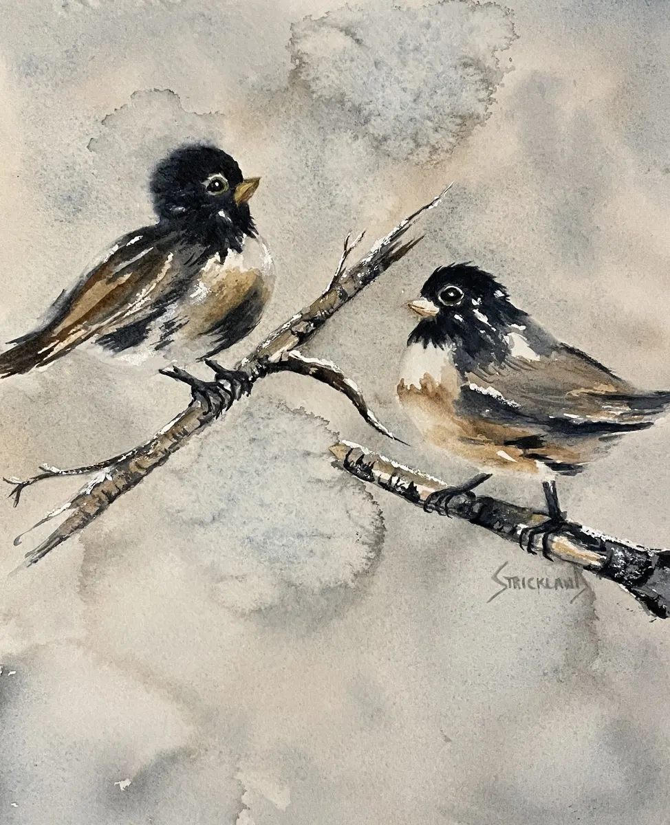 Watercolour of two chickadees on a snowy branch