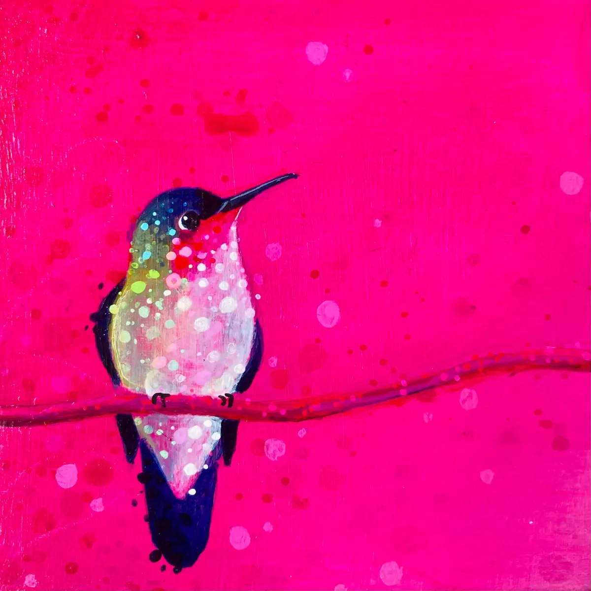 Painted hummingbird on a wire against a hot pink background