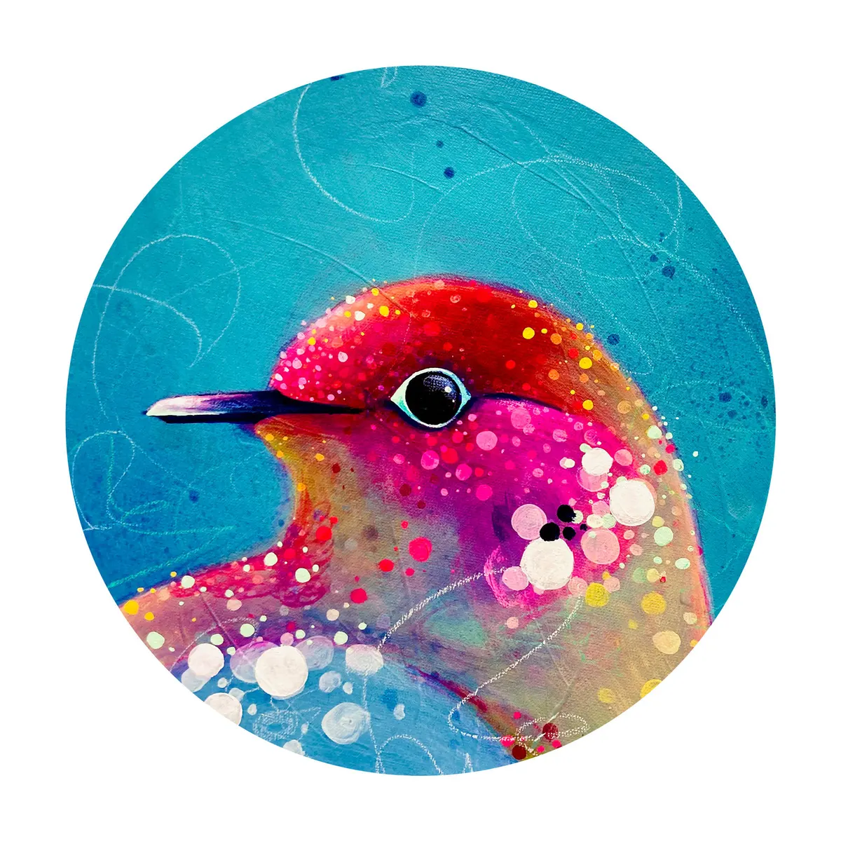 Round painting of a magenta and teal bird's head