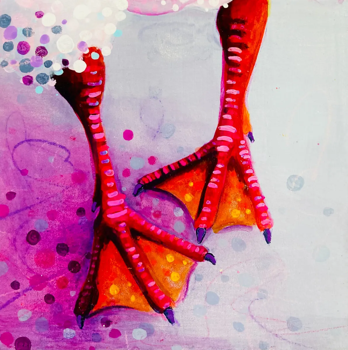 Close-up painting of red bird feet on a pink and white ground