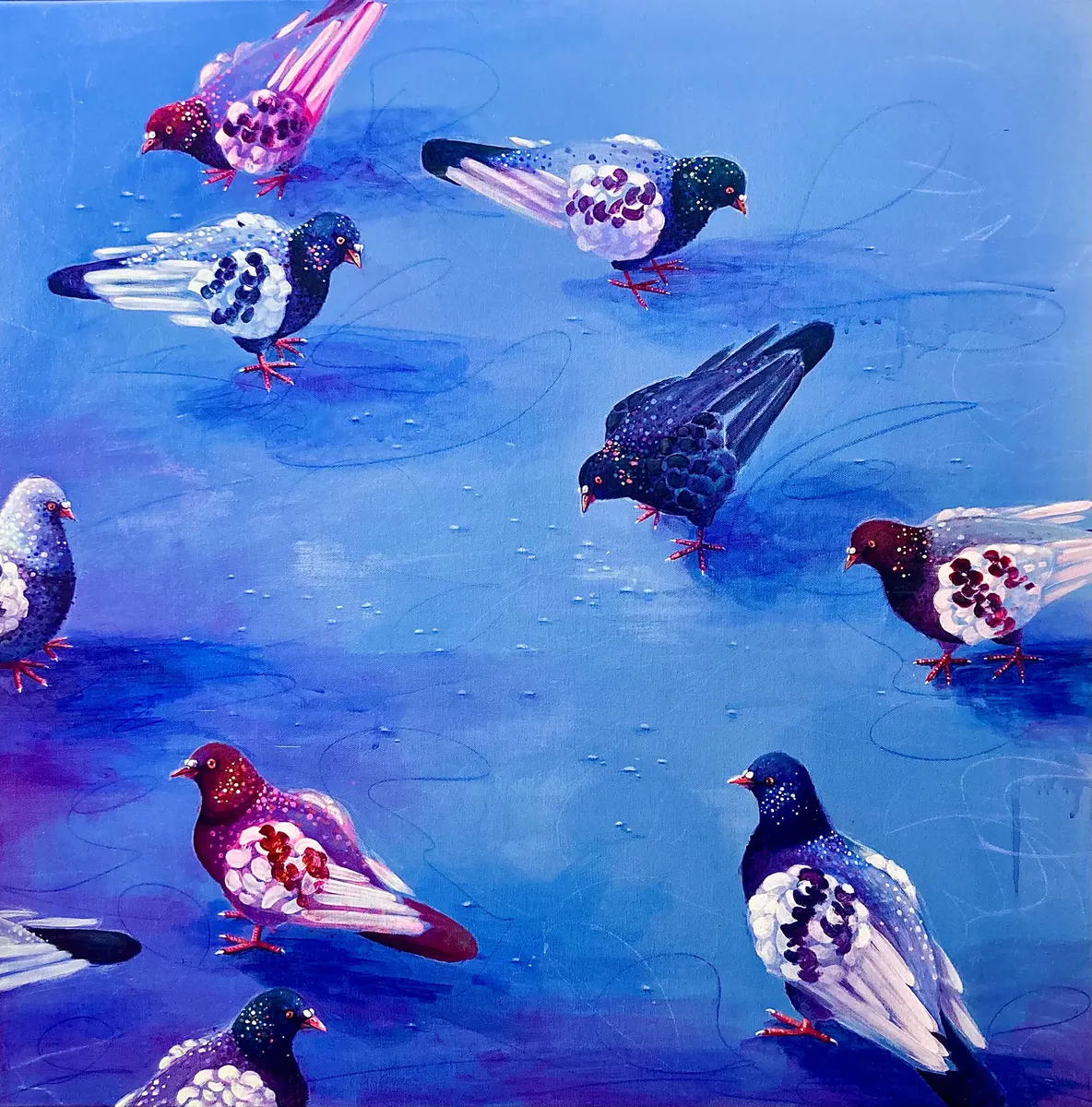 Painting of pigeons on a blue and violet ground