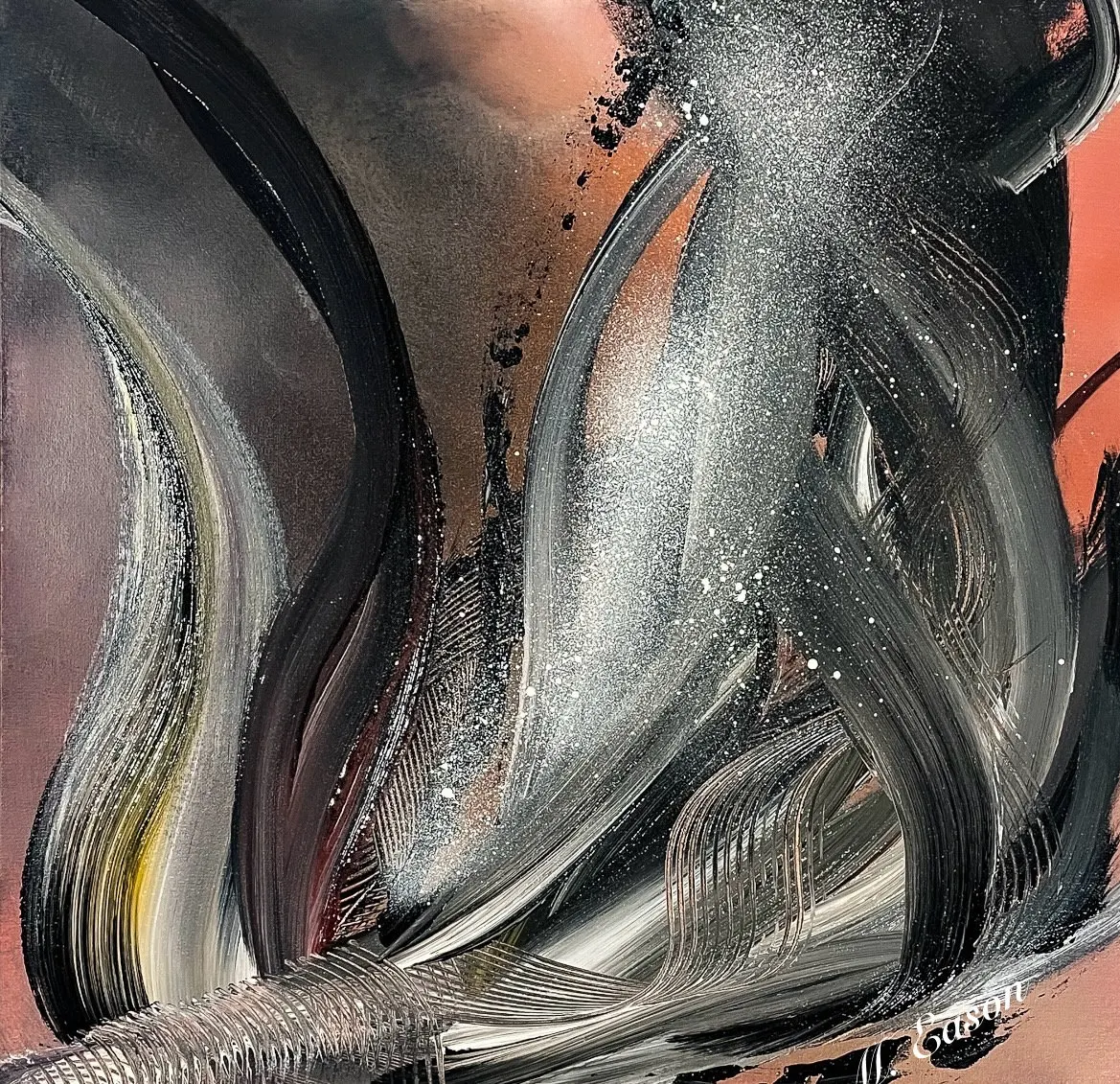Abstract painting in silver, black and coral with sweeping curved strokes