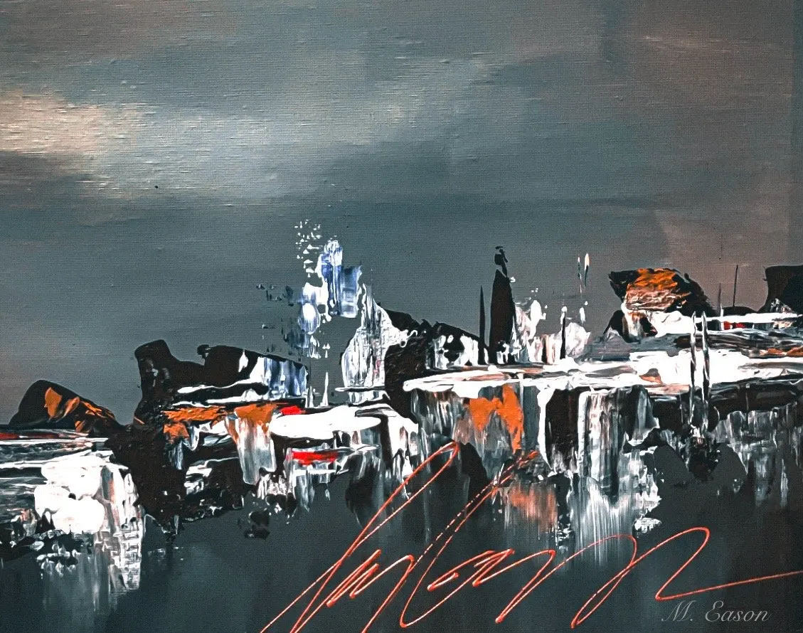Abstract cityscape in teal and orange with reflections