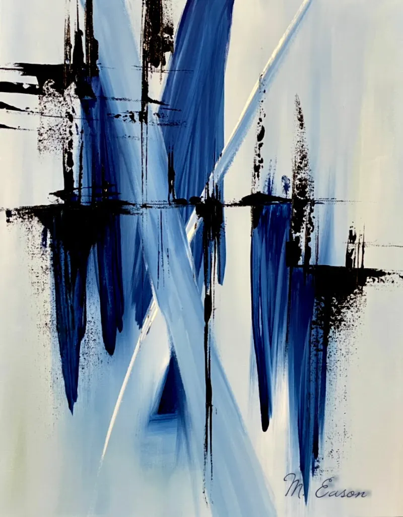 Abstract in blue, black and white with bold crossing strokes