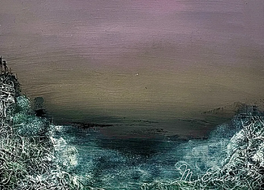 Abstract landscape in mauve and green with a textured white edge