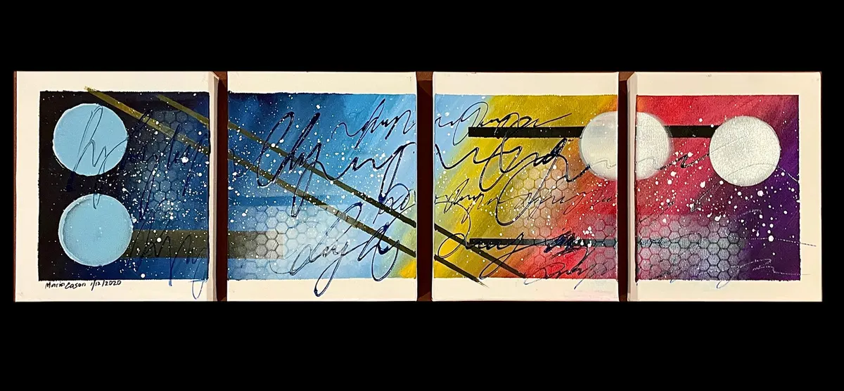 Four-panel abstract in blue, yellow and red with circles