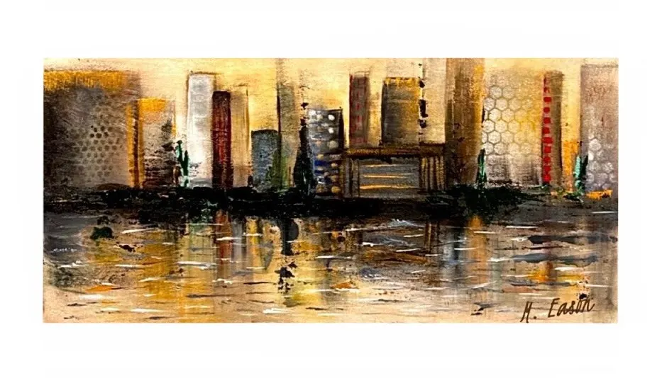 Abstract city skyline in gold and grey reflected in water