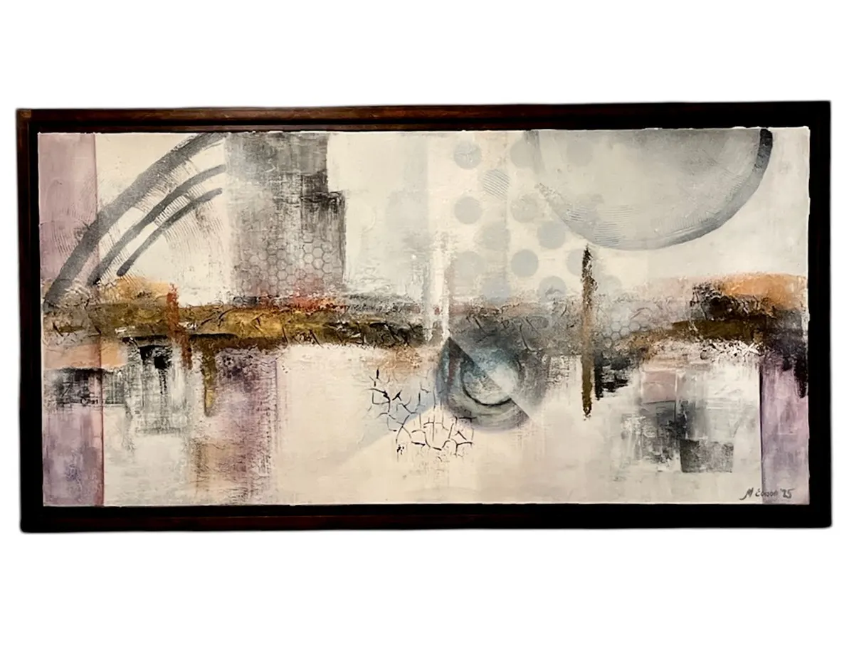 Framed abstract in grey, white and amber with a large circle
