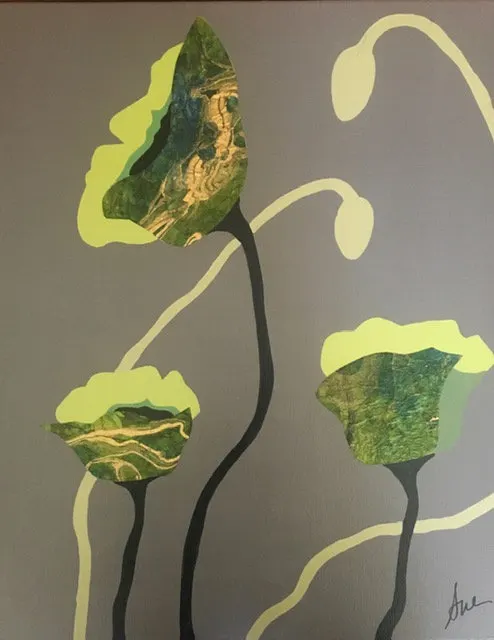 Green and gold leaf forms on curling stems against grey