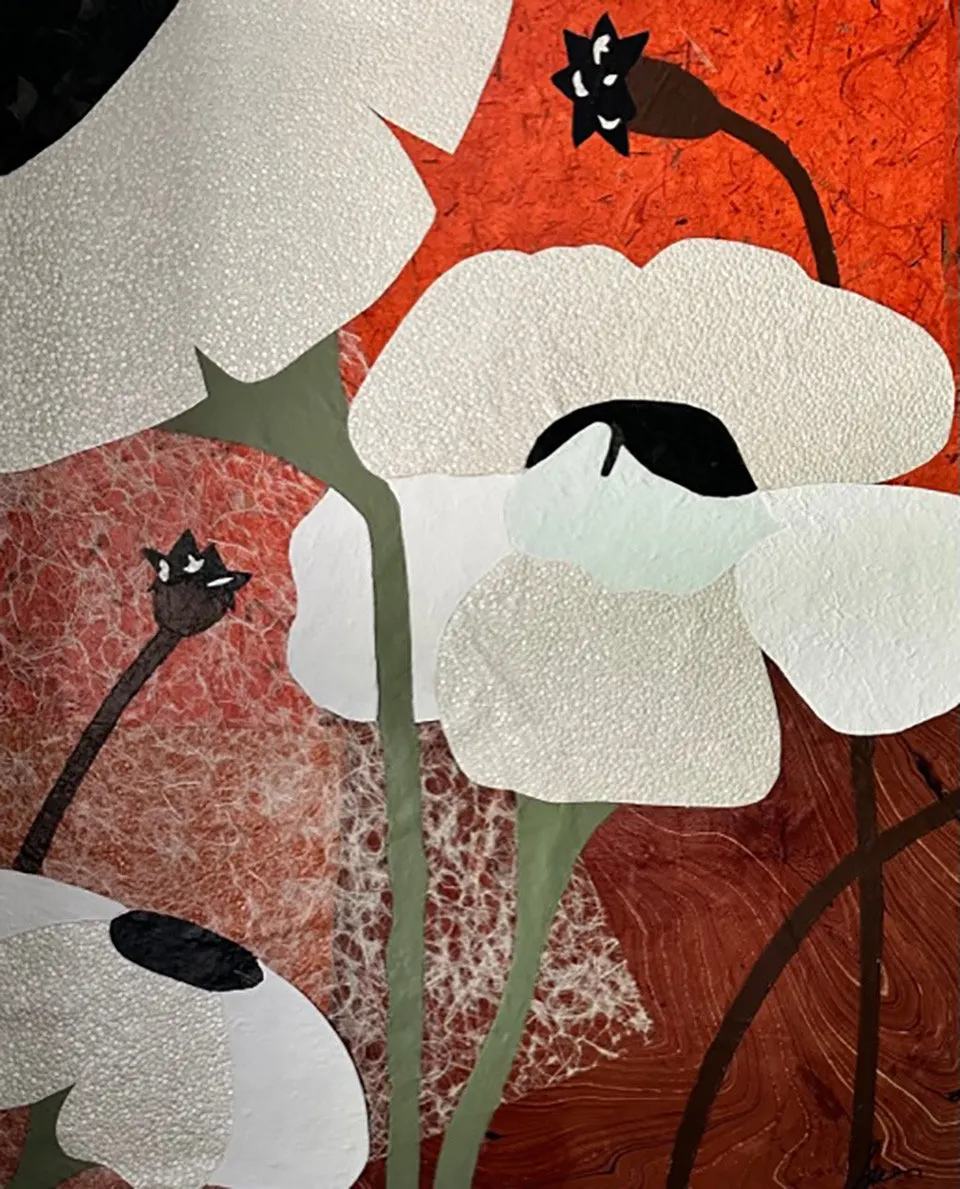 White poppies with textured petals against a red and rust ground