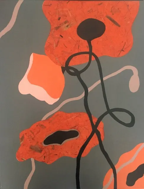 Coral and orange poppies with looping dark stems on grey