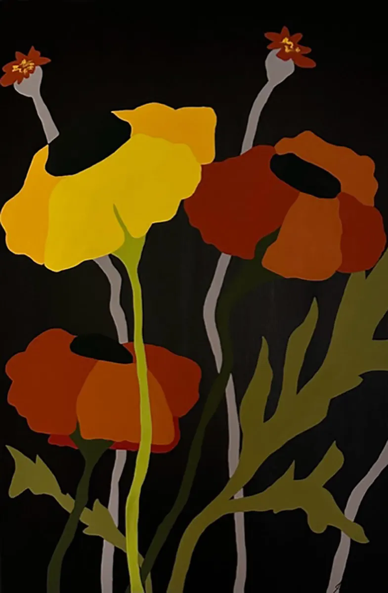 Yellow and deep red poppies on a black background
