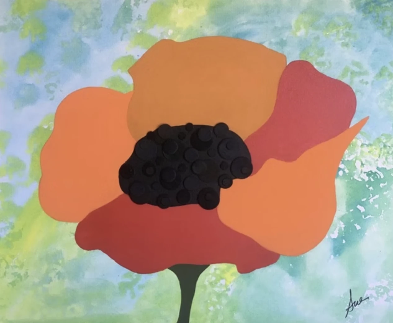 Bold painting of a single orange and red poppy